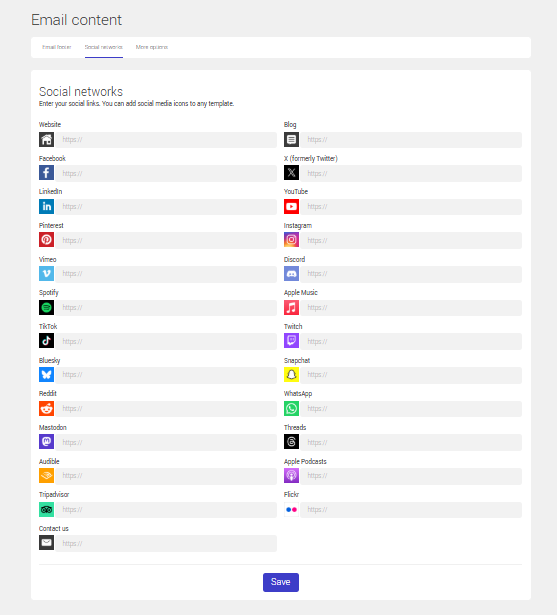 Add default links for your social networks