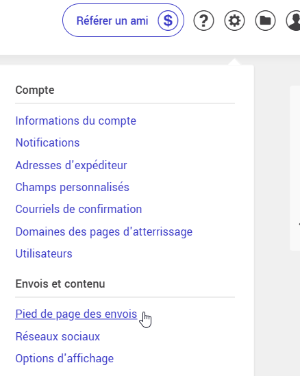 Pied de page des envois (dans les paramètres et configuration)