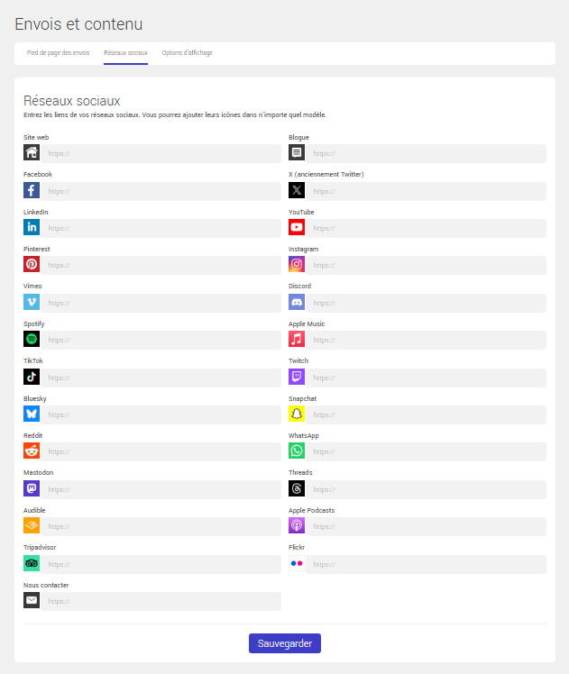 Configuration des r&eacute;seaux sociaux au compte